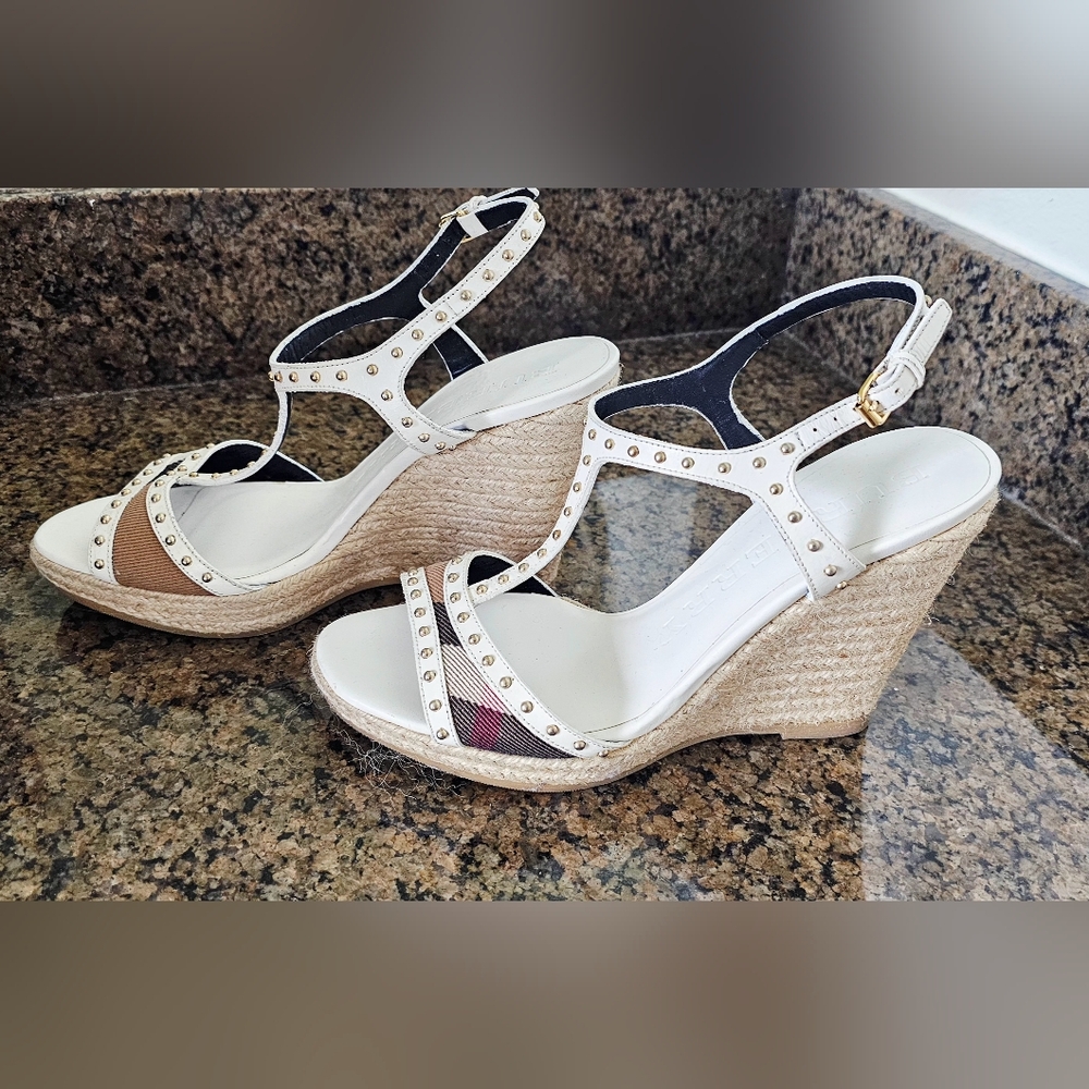 Burberry White and Tan Wedge Sandals
